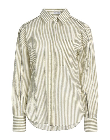BRUNELLO CUCINELLI Striped shirt Sage green 59% Cotton, 22% Silk, 14% Viscose, 5% Metallic fiber, Brass