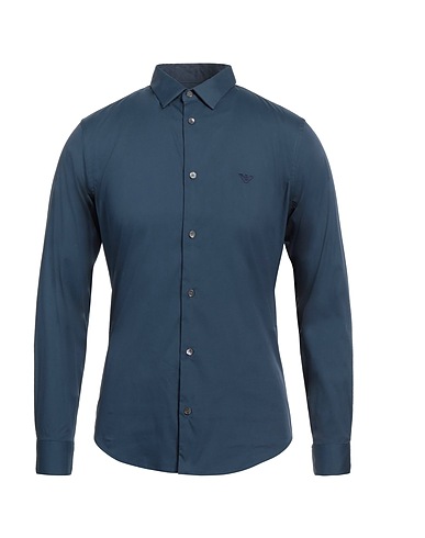 EMPORIO ARMANI Solid color shirt Slate blue 76% Cotton, 21% Polyamide, 3% Elastane