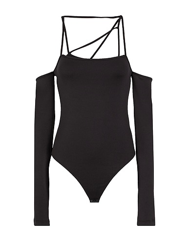 8 by YOOX TOPS & TEES JERSEY OFF-SHOULDER STRAP DETAIL BODYSUIT
 Black 95% Recycled polyester, 5% Elastane