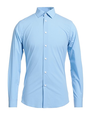 CAVALLI CLASS Solid color shirt Sky blue 97% Cotton, 3% Elastane