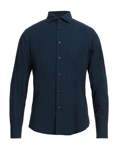 CAVALLI CLASS Solid colour shirt Navy blue 97% Cotton, 3% Elastane
