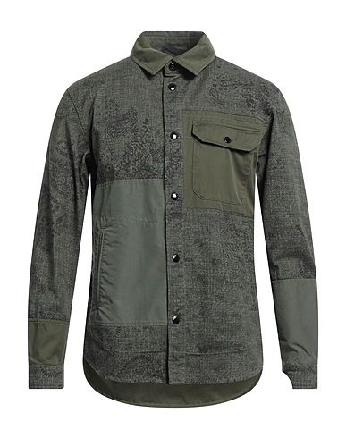 WOOLRICH Patterned shirt Military green 100% Cotton, Polyamide, Elastane