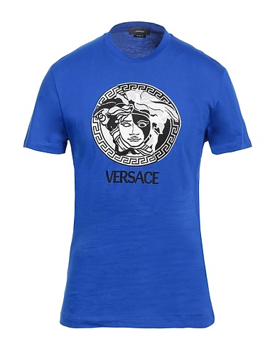 VERSACE T-shirt Bright blue 100% Cotton, Viscose