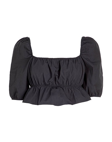 8 by YOOX Off-the-shoulder top COTTON PUFF-SLEEVE CROP TOP Black 100% Cotton
