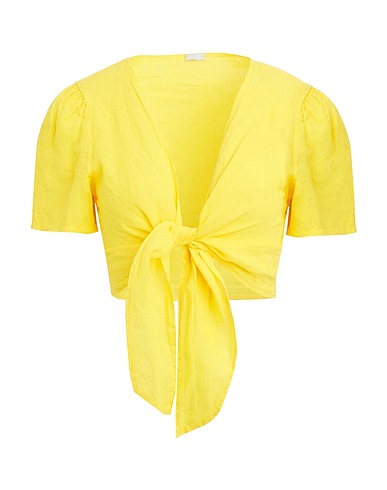 8 by YOOX Linen shirt LINEN FRONT WRAP S/SLEEVE CROP TOP
 Yellow 100% Linen