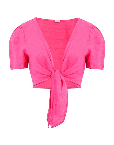 8 by YOOX LINEN FRONT WRAP S/SLEEVE CROP TOP
 Fuchsia 100% Linen