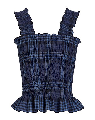 8 by YOOX Top COTTON CHECK RUFFLED SMOCK TOP
 Midnight blue 54% Polyester, 45% Virgin Wool, 1% Elastane