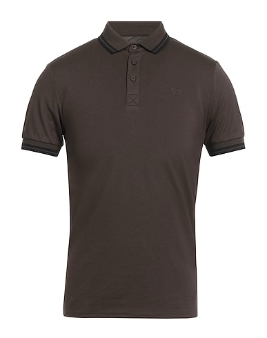GUESS Polo shirt Dark brown 52% Cotton, 45% Polyester, 3% Elastane