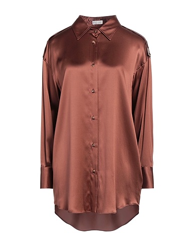 BRUNELLO CUCINELLI Shirts Chocolate brown 96% Silk, 4% Elastane, Brass