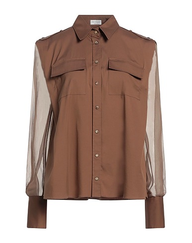BRUNELLO CUCINELLI Shirts Brown 72% Cotton, 23% Polyamide, 5% Elastane, Brass, Silk