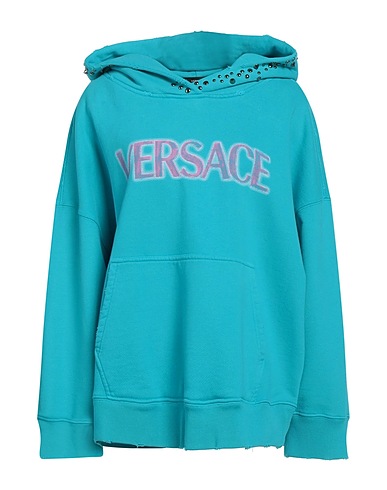 VERSACE Hooded track jacket  Turquoise 100% Cotton, Metal