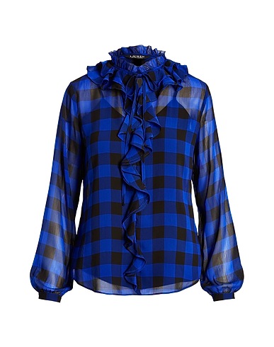 LAUREN RALPH LAUREN Top  BUFFALO CHECK RUFFLED GEORGETTE BLOUSE 
 Bright blue 100% Recycled polyester