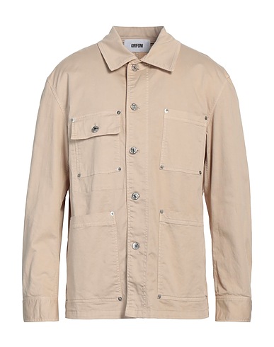 GRIFONI Solid color shirt Sand 98% Cotton, 2% Elastane