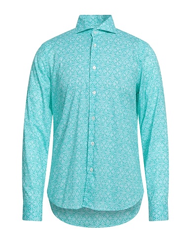 FEDELI Patterned shirt Turquoise 95% Cotton, 5% Elastane