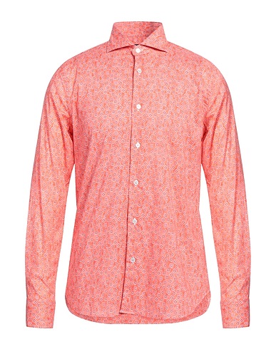 FEDELI Patterned shirt Salmon pink 95% Cotton, 5% Elastane