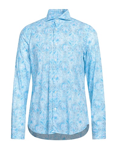 FEDELI Patterned shirt Azure 95% Cotton, 5% Elastane
