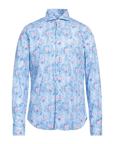 FEDELI Patterned shirt Light blue 95% Cotton, 5% Elastane