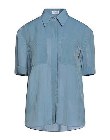 BRUNELLO CUCINELLI Shirts Pastel blue 68% Viscose, 32% Silk, Brass, Ecobrass