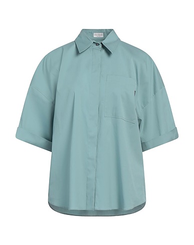 BRUNELLO CUCINELLI Shirts Pastel blue 72% Cotton, 23% Polyamide, 5% Elastane, Brass, Ecobrass