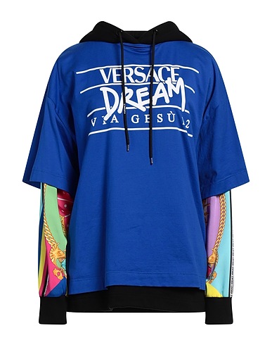 VERSACE Hooded track jacket  Bright blue 100% Cotton, Polyester