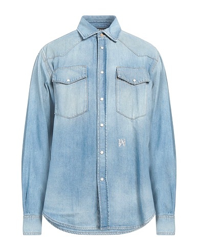 PALM ANGELS Denim shirt Blue 100% Cotton, Leather