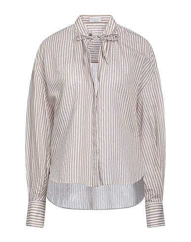 BRUNELLO CUCINELLI Striped shirt Taupe 66% Cotton, 26% Silk, 4% Polyamide, 4% Polyester, Ecobrass