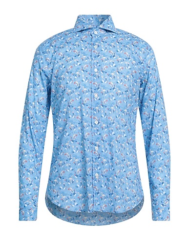 FEDELI Patterned shirt Light blue 95% Cotton, 5% Elastane