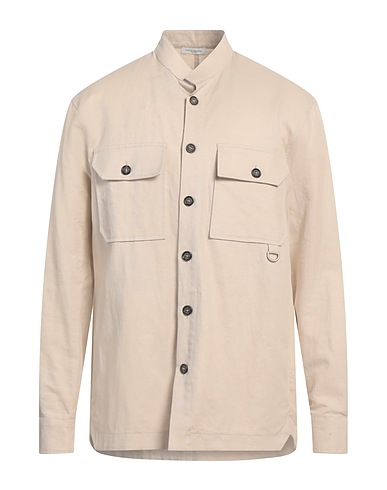 PAOLO PECORA Solid colour shirt Beige 63% Cotton, 35% Linen, 2% Elastane