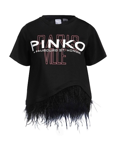 PINKO T-shirt Black 100% Cotton, Elastane, Ostrich feathers