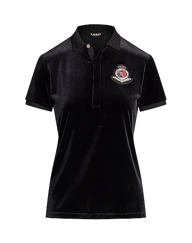 LAUREN RALPH LAUREN Polo shirt BEADED-CREST STRETCH VELVET POLO SHIRT
 Black 90% Recycled polyester, 10% Elastane