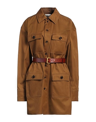 SAINT LAURENT Full-length jacket Brown 100% Cotton, Cow leather