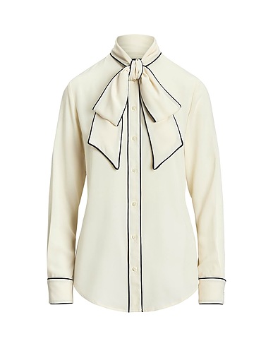LAUREN RALPH LAUREN シャツ TWO-TONE GEORGETTE TIE-NECK BLOUSE
 オフホワイト リサイクルポリエステル 65% / ポリエステル 35%