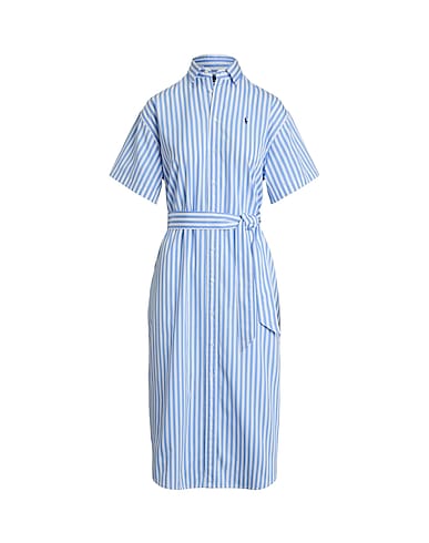 POLO RALPH LAUREN Midi dress BELTED STRIPED COTTON SHIRTDRESS
 Light blue 100% Cotton