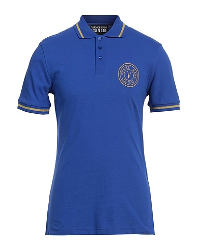 VERSACE JEANS COUTURE Polo shirt Blue 100% Cotton, Polyester, Elastane, Metallic Polyester