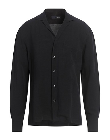 LARDINI Solid colour shirt Black 77% Rayon, 23% Linen