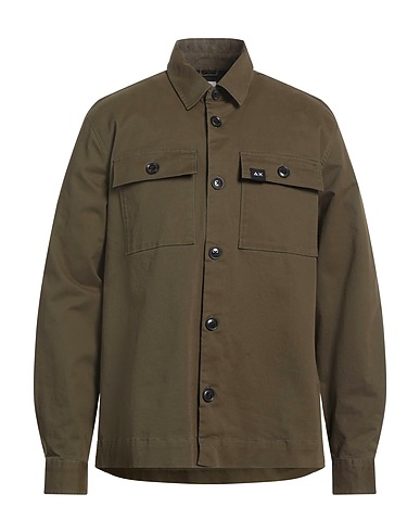 SUN 68 Solid color shirt Military green 97% Cotton, 3% Elastane