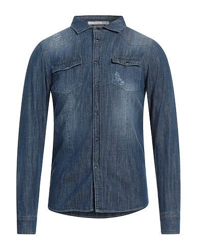 GREY DANIELE ALESSANDRINI Denim shirt Blue 99% Cotton, 1% Elastane