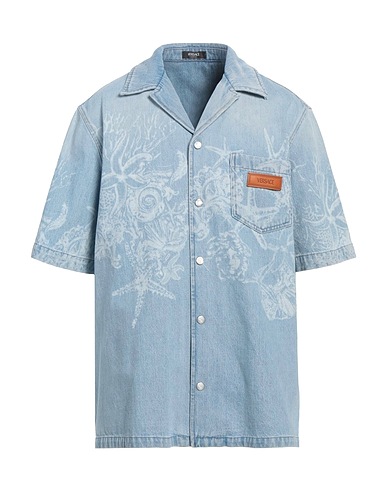 VERSACE Denim shirt Blue 100% Cotton, Calfskin