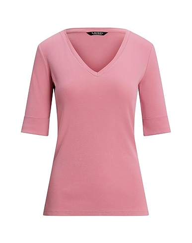 LAUREN RALPH LAUREN Basic T-Shirt STRETCH COTTON ELBOW-SLEEVE V-NECK TEE
 Pink 94% Cotton, 6% Elastane