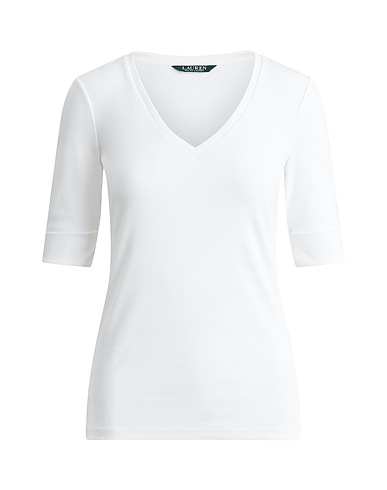 LAUREN RALPH LAUREN Basic T-Shirt STRETCH COTTON ELBOW-SLEEVE V-NECK TEE
 White 94% Cotton, 6% Elastane
