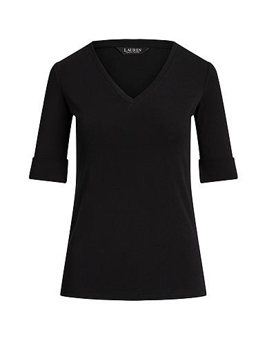 LAUREN RALPH LAUREN Basic T-shirt STRETCH COTTON ELBOW-SLEEVE V-NECK TEE
 Black 94% Cotton, 6% Elastane