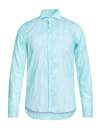 FEDELI Patterned shirt Light green 95% Cotton, 5% Elastane
