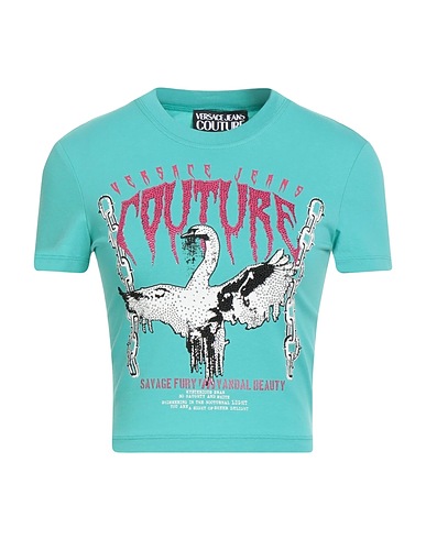 VERSACE JEANS COUTURE Crop top Turquoise 95% Cotton, 5% Elastane