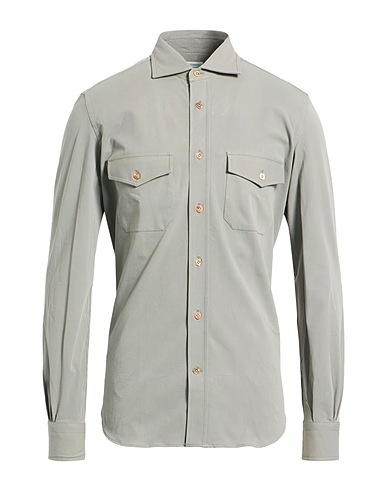 MAZZARELLI Solid colour shirt Sage green 89% Cotton, 11% Elastane