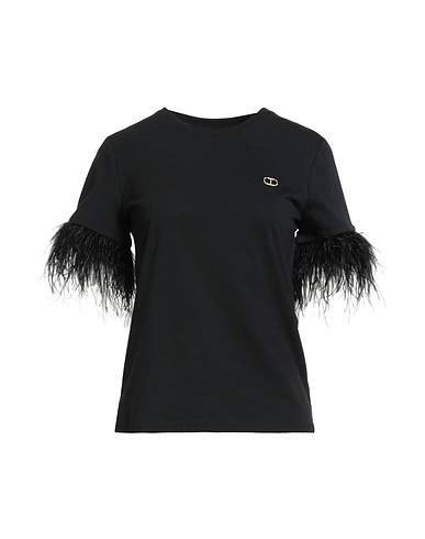 TWINSET T-shirt Black 100% Cotton, Ostrich feathers, Elastane