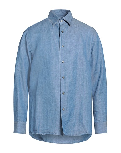 BRIONI Solid color shirt Azure 92% Cotton, 8% Hemp