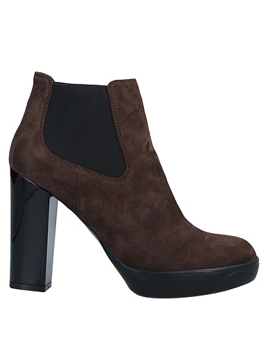 HOGAN Ankle boot Dark brown Leather, Textile fibres