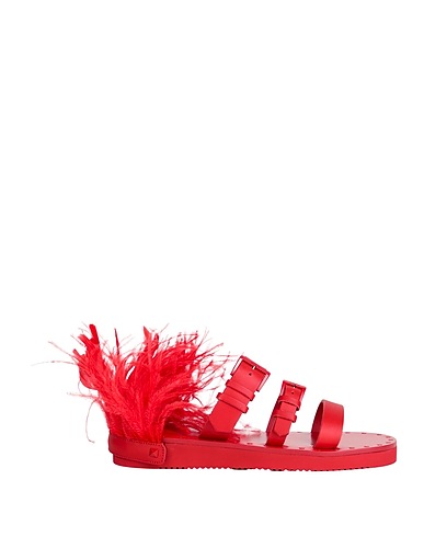VALENTINO GARAVANI Sandali Rosso Pelle, Piume di struzzo, Piume di gallo