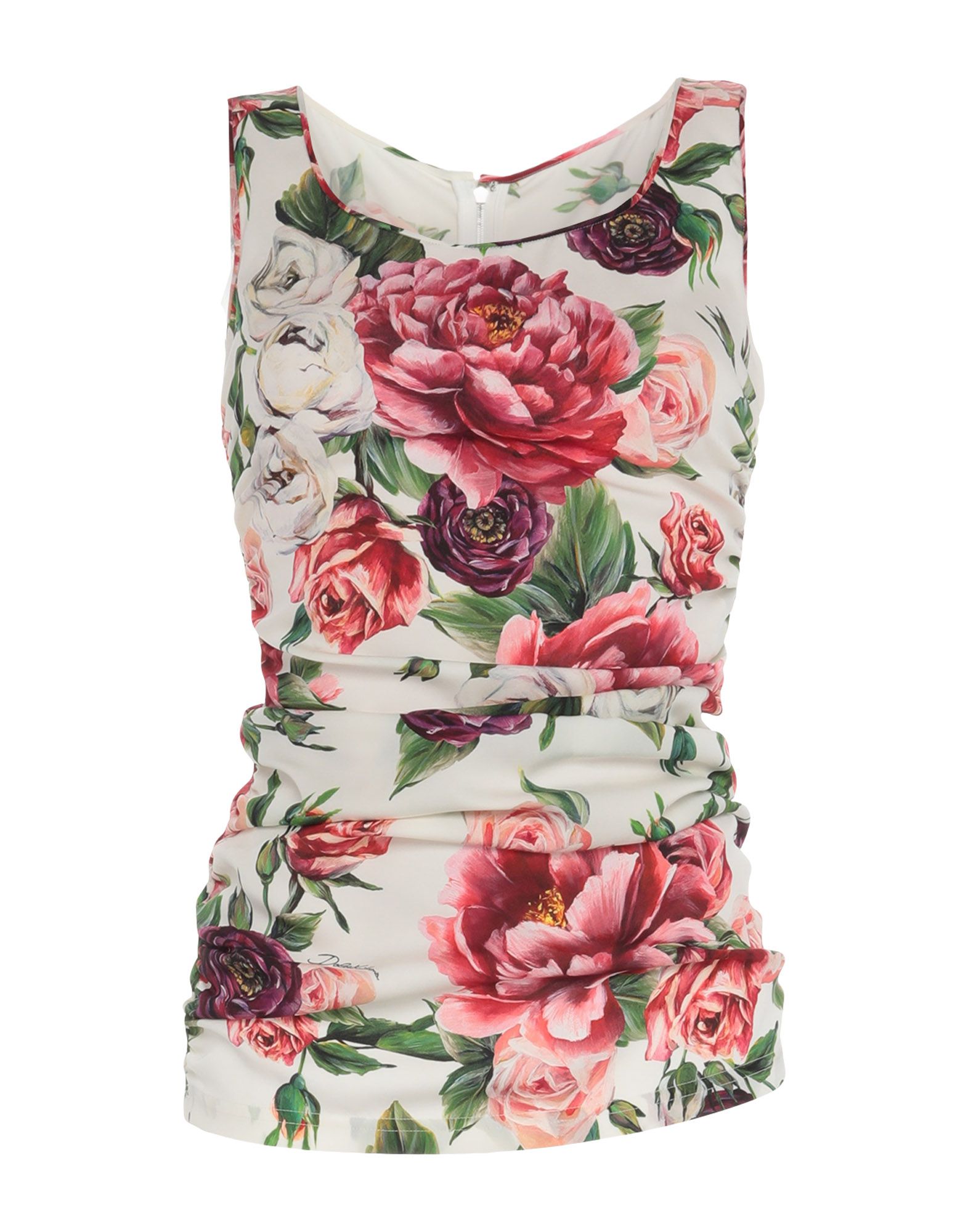 Top crepe, frills, floral design, round collar, sleeveless, rear closure, z...