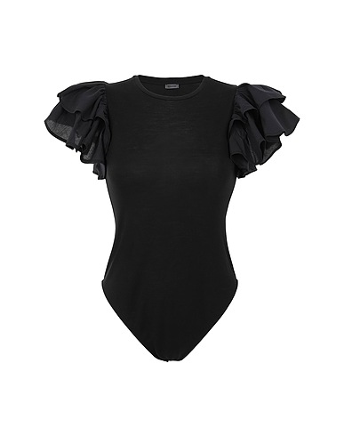 8 by YOOX TOPS & TEES RUFFLED S/SLEEVE BODYSUIT
 Black 100% Lyocell